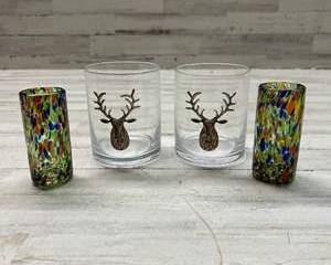 Set of 4 Unique Glasses – 2 Deer Whiskey Tumblers & 2 Art Glass Shot Glasses