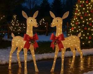 Lighted Gold Mesh Christmas Deer Pair with Red Bows Outdoor Holiday Decor