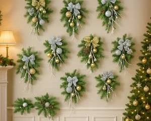 Set of 9 Holiday Swags – Gold & Silver Accents, Pine & Ornament Décor, Elegant Christmas Arrangements