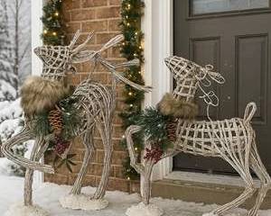 Rustic Twig Reindeer Pair – 31” Holiday Decor, Pinecone & Fur Collar Accents, Winter Porch Display