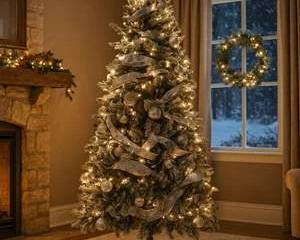 7’ Silver & White Christmas Tree – Pre-Lit with Warm LED Lights – Elegant Flocked Design with Silver Ribbon & Ornaments