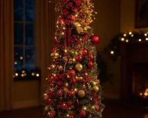  9’ Red & Gold Designer Christmas Tree – Pre-Lit with Warm LED Lights – Elegant Ornaments, Ribbons & Floral Accents