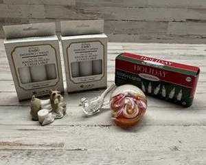 Lot of Holiday Decor Items Candles Mini Lights Glass Ornament and Figurine