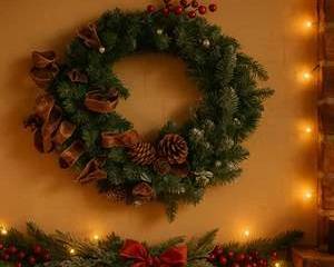 Rustic 22” Pinecone Christmas Wreath with Brown Ribbon & Red Berries