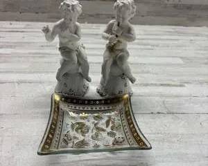 Pair of Porcelain Cherub Figurines with Gold Accented Glass Dish Vintage Home Décor
