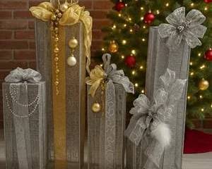 Elegant Silver and Gold Wire Gift Box Display Set Christmas Decor with Ornaments and Bows