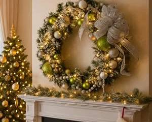 32” Lighted Christmas Wreath – Silver & Green Ornaments, Glitter Bow, Frosted Holiday Decor