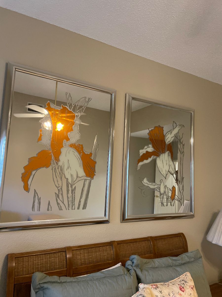 PAIR OF RETRO LARGE MID CENTURY MIRRORED FRAMED ART - MY FAVORITES AT THIS HOME !!