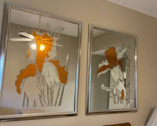 PAIR OF RETRO LARGE MID CENTURY MIRRORED FRAMED ART - MY FAVORITES AT THIS HOME !!   