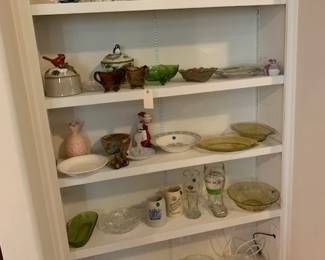 Teapots, depression glass, various antique pieces. 