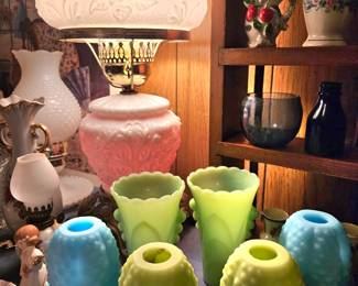 Fenton GWTW Poppy Lamp and Hobnail Fairy Lamps / Jadeite Vases