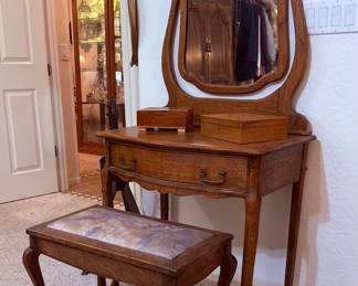 Vintage wood vanity set with bench