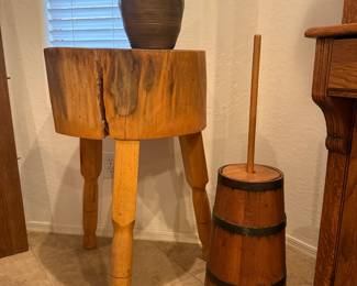 Butter churn and butcher block side table