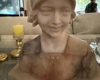 Antique  Carved & Incised Marble or Alabaster Figural Bust of a Girl Singed