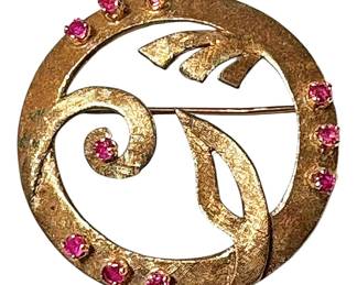 14K Gold and Ruby Wreath Brooch 