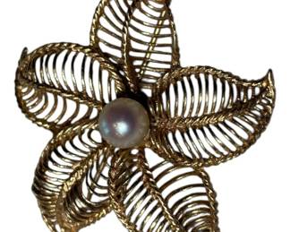 14K Gold Floral Brooch Pink Pearl 