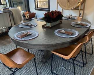 Laney Barnwood Pedestal Table with a Leaf, 6 Faux  leather and iron dining chairs