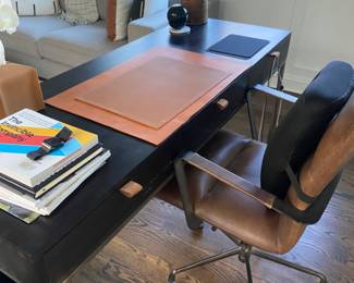 Black wood and steel desk, desk chair and accessories