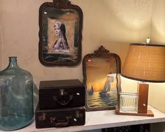 Vintage luggage, Fostoria Heirloom, antique pictures, lamp, large collectible bottle