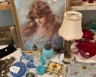 Blue cut glass perfume with dabbers, trinket box, dresser jars, sugar shaker, bronze figure lamp