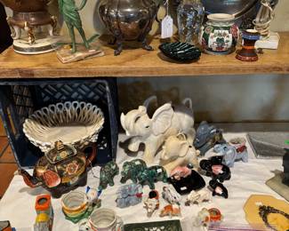 Silver pitcher, serving tray, elephant collection, lusterware pieces