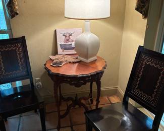 Extra chairs, antique table, lamp, pictures