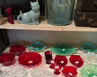 Cat planter, red Fostoria, crystal pieces