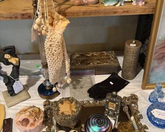 Dresser set, vintage compacts, paperweight, powder set, mirror , bronze nude