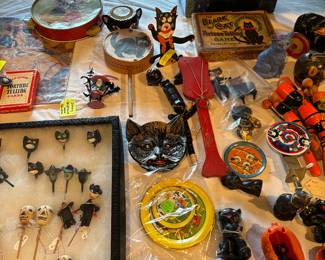 Vintage Halloween, cats, noise makers, stir sticks, invitation cardholders