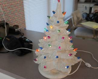 16" white ceramic Christmas tree,  there are two types of colored bulbs