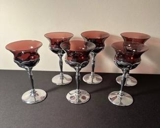 Vintage Art Deco cocktail or cordial glasses by Farber Bros., Krome Kraft with amethyst colored glass inserts.