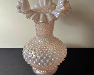 Vintage Fenton Double Crimped Hobnail Vase in champagne pink iridescent opalescent glass color.