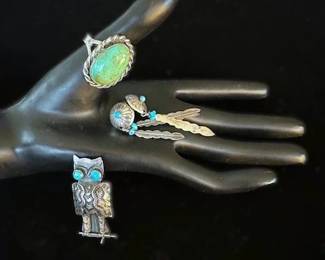 Sterling Turquoise Ring, size 9.5, Sterling and Turquoise Owl Pin, Sterling Turquoise Native American earrings