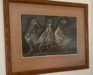Framed print featuring 3 stylized sandpipers in a mid-century style by Howard Bradford.