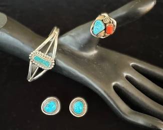Sterling Silver and Turquoise Native American bracelet, Sterling/GF Turquoise/Coral Native American Ring, size 8.5 and Sterling Silver Turquoise earrings