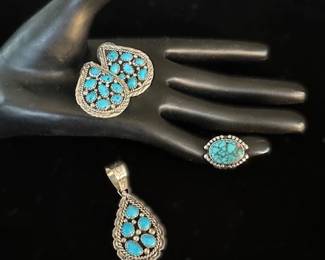 Sterling Turquoise Native American Pendant and earring set and Sterling Turquoise ring, size 1.5
