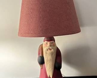 Walnut Ridge Primitive Chalkware Santa Lamp with red Gingham shade.