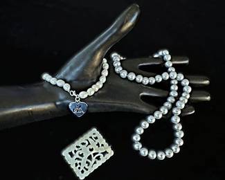 Sterling Silver and Pearl bracelet, Sterling clasp and grey pearl necklace, and 14k Jade Pendant