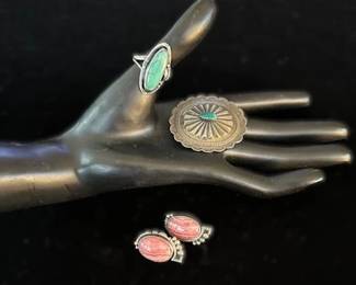  Sterling Silver Turqouise Ring, size 8,  Sterling Turquoise Concho Pin, and Sterling Silver Native American Rhodochrosite earrings, 