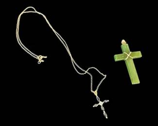 14k Blue Saphire and diamond cross and 14k Jade cross 