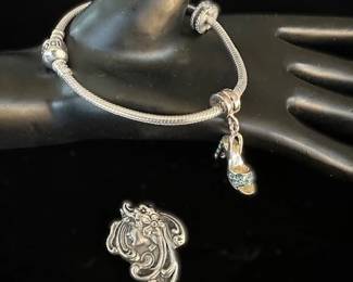 Pandora Sterling Bracelet with 2 charms, and Art Nouveau Sterling Pin