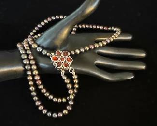 Sterling, black pearl and Garnet Necklace