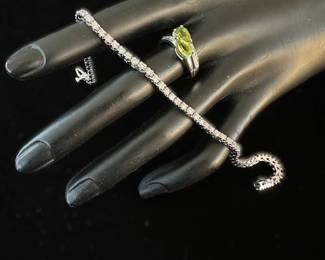 14k Peridot and Diamond Ring, size 7, and 14k Diamond Tennis Bracelet, 3 ct, T.W.