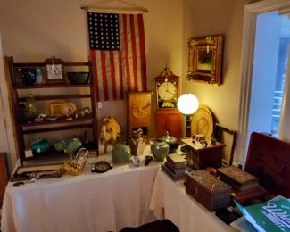 ANTIQUE FLAG,  ANTIQUE CLOCK, LOUIS MENDEZ POTTERY, BOX COLLECTION,  