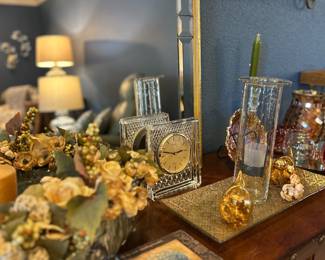 Floral arrangements and blown glass and carnival glass