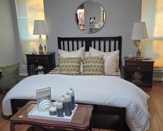 Queen bed frame with headboard and footboard, nightstands, antique glass-topped table, 2 antique lamps