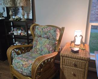 upholstered rattan chair and wicker table/cabinet!