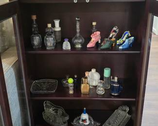 cut glass candy dishes, vintage perfume bottles