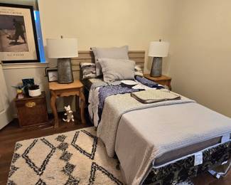 twin bed - mattress, box spring, bed frame, additional bed frame and box spring.