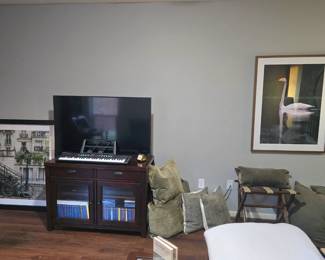 TV, TV entertainment cabinet, decorative pillows